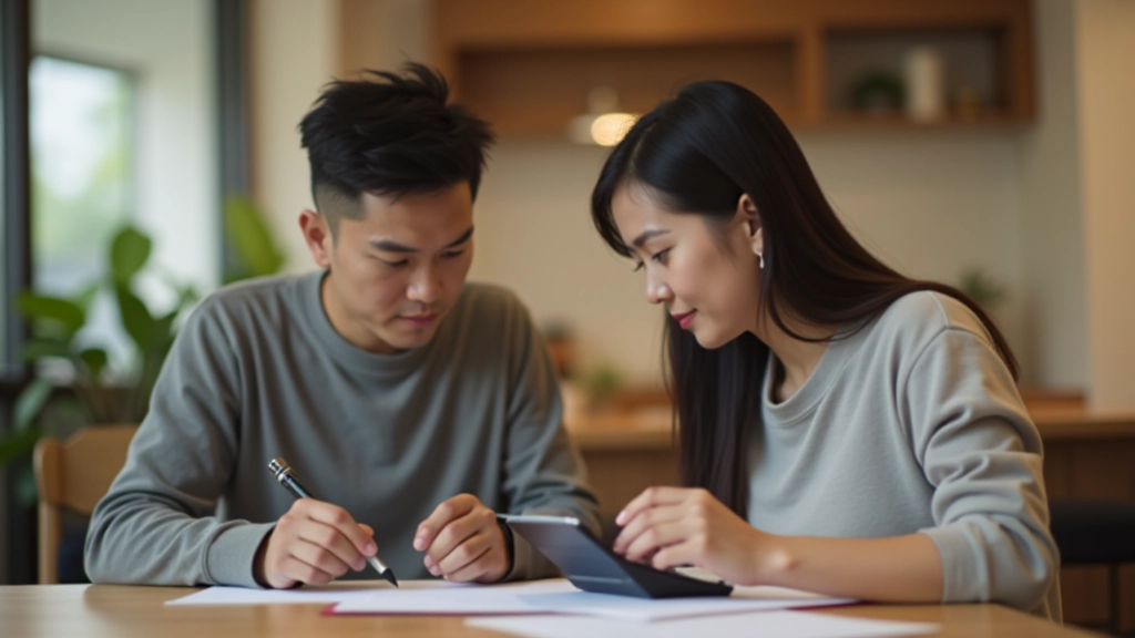 Couple calculating household budget and mortgage payments using calculator and financial spreadsheet