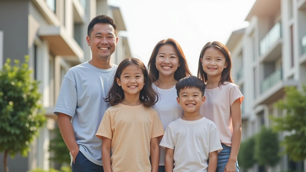 Young family standing outside new affordable housing unit, smiling and holding keys to their new home