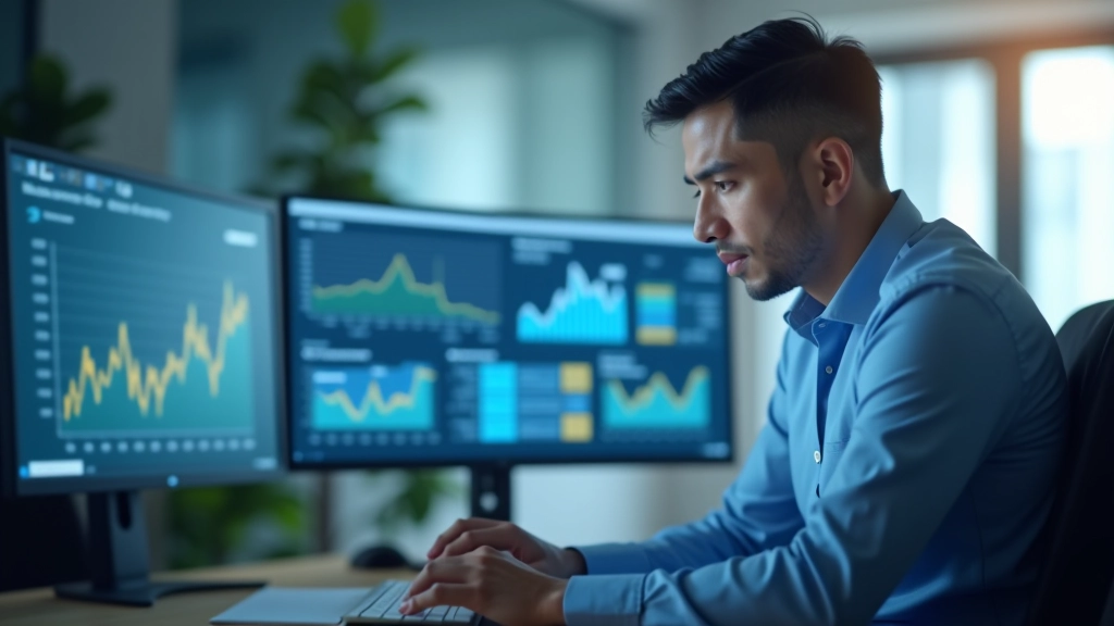 Financial analyst reviewing residential price index data on computer dashboard with multiple charts showing market trends