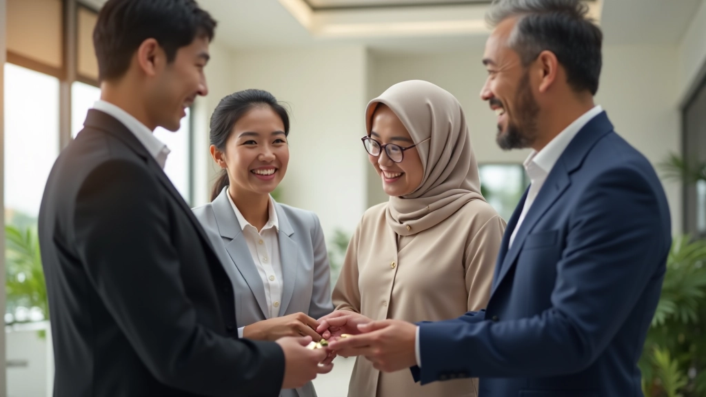 Family receiving house keys from real estate agent in modern PR1MA showroom with model units displayed