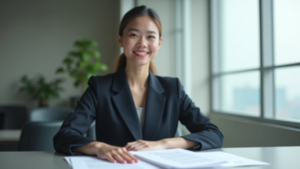 Malaysian professional at desk reviewing documents, employment letter and payslips visible, office environment with natural lighting
