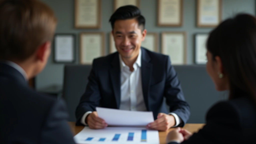 Real estate agent explaining property comparison charts and schemes to young Malaysian couple in office setting