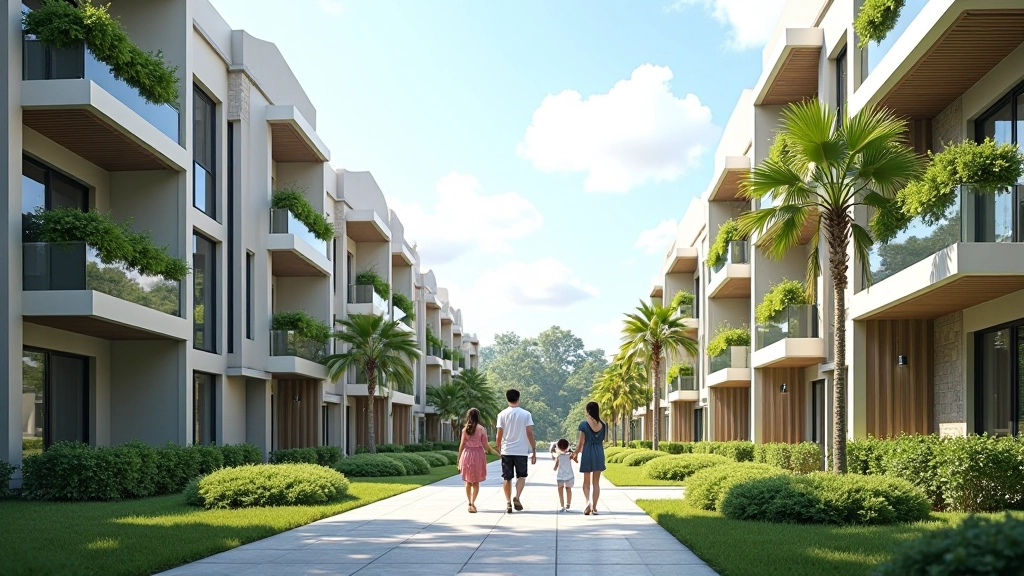 Modern PR1MA residential development with mixed-unit architecture, landscaped common areas, and families walking together