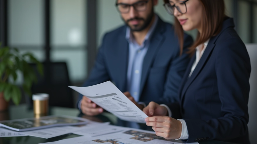 Real estate agent explaining property documents and floor plans to couple interested in affordable housing