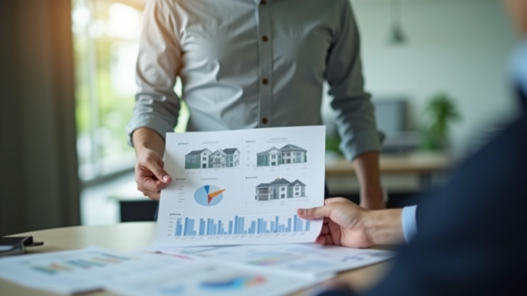 Real estate agent showing property documents and market analysis charts to clients