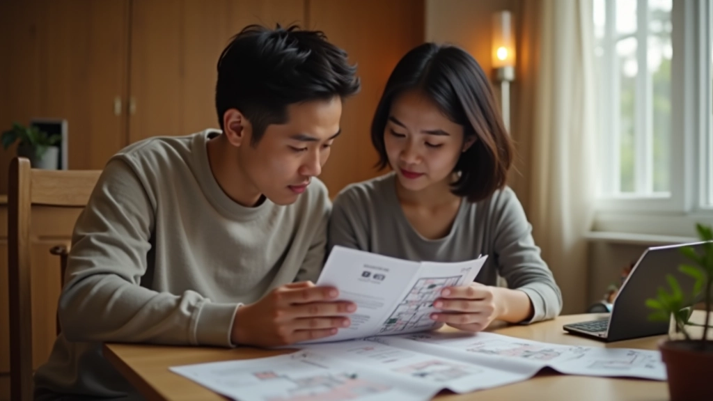 Young Malaysian couple reviewing affordable housing brochures and floor plans at home